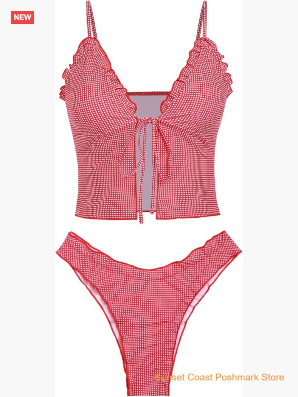Tankini Set Tie Front Ruffle Bikini High Cut Thong Two Piece Swimsuit
